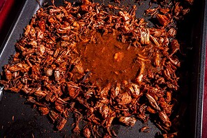 Shredded jackfruit birria with savory sauce on a baking tray.