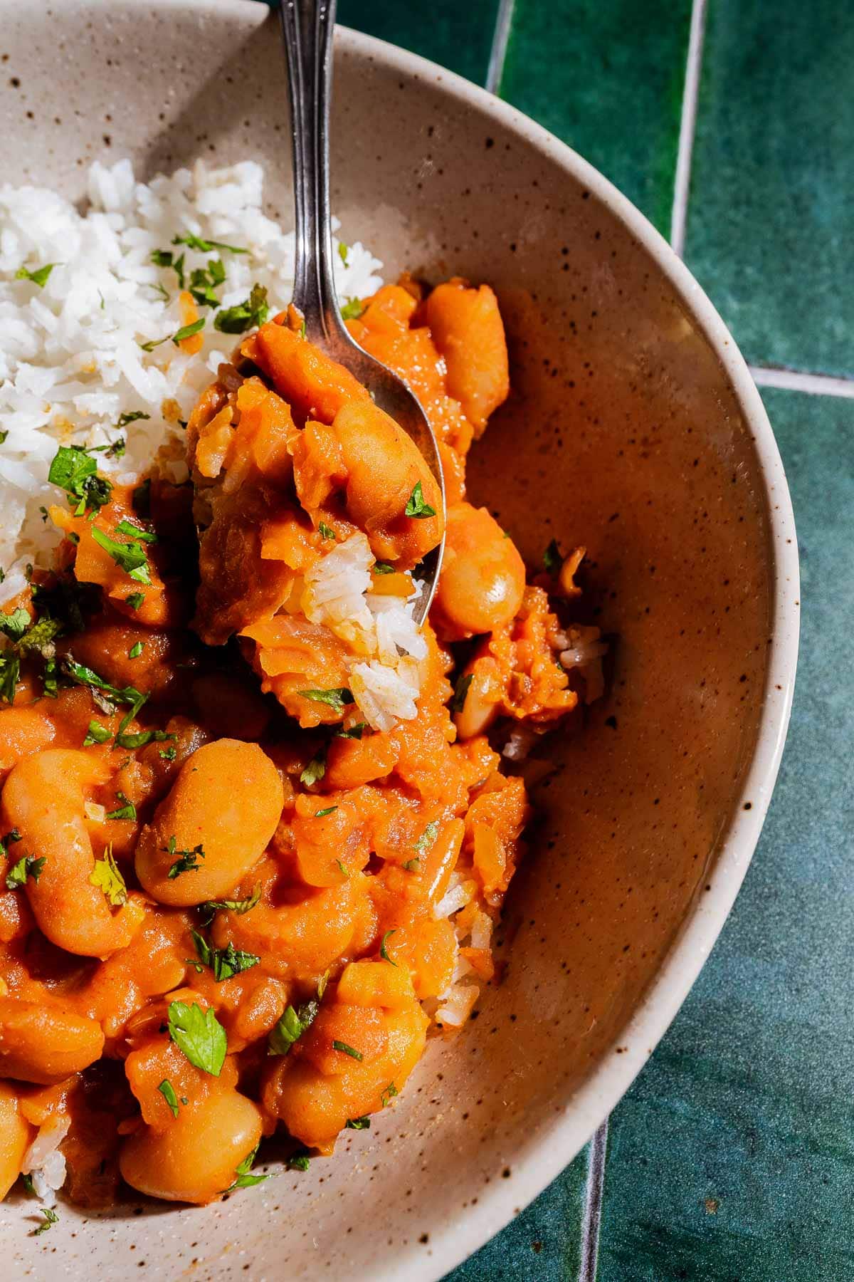 A bowl of white rice and gochujang butter beans stewed to perfection, garnished with chopped herbs, with a spoon lifting a portion of the food.