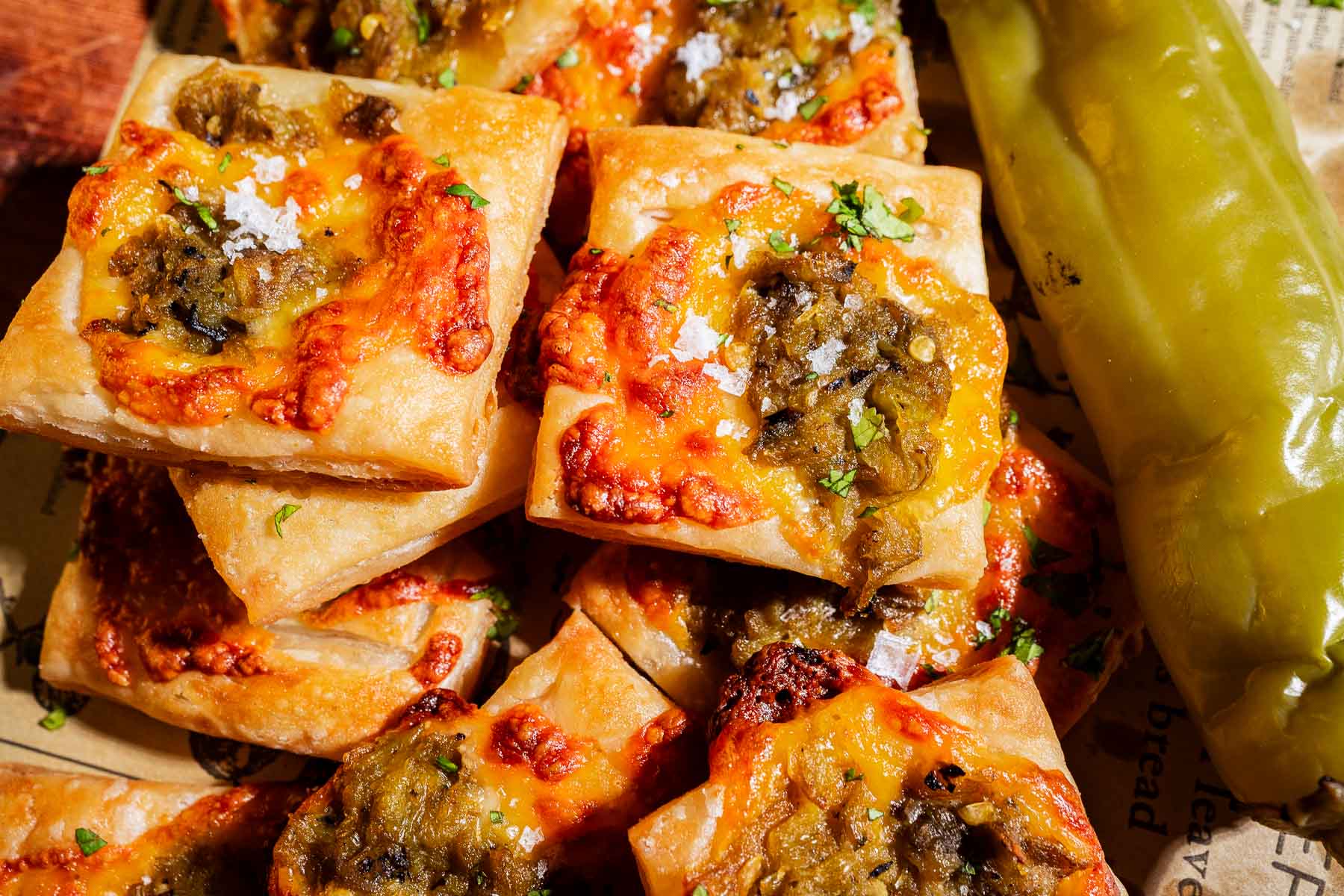 Square pieces of cheesy bread made with hatch chile puff pastry, topped with green chile and herbs, arranged in a pile next to a whole green chile pepper.
