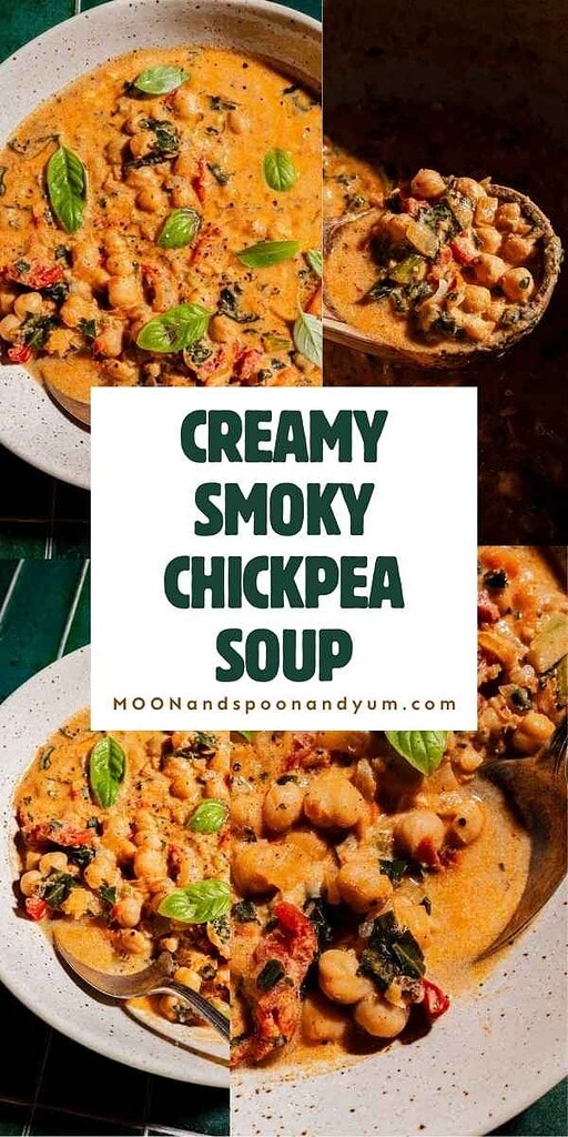 Bowl of creamy, orange-colored chickpea soup with greens, basil leaves, and visible spices. Text overlay reads “Creamy Smoky Chickpea Soup” with a website URL.