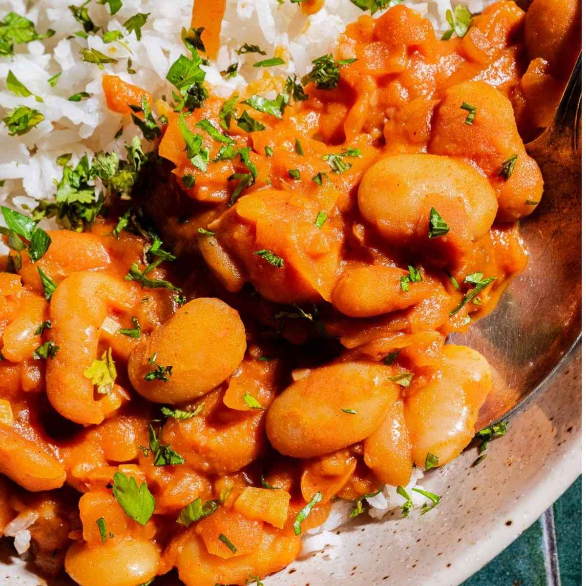 Close-up of a plate with white rice and creamy tomato-based beans, garnished with chopped fresh herbs.
