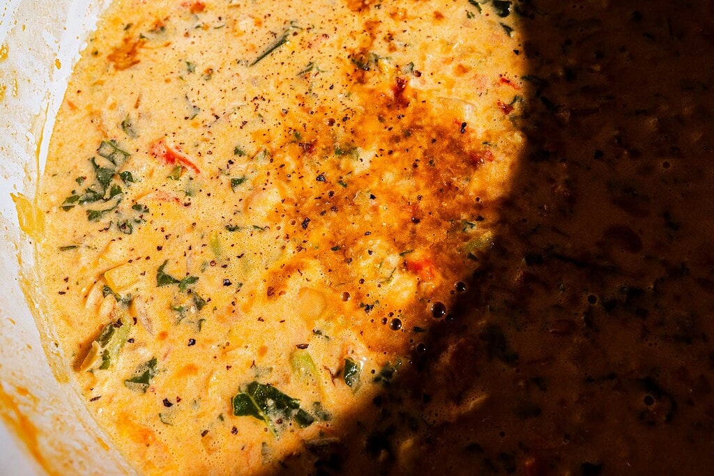 Close-up of a creamy, orange-colored chickpea soup with visible herbs and spices, partially shaded on one side.