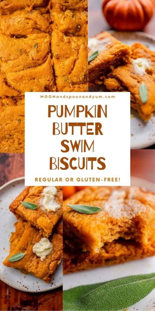 Text overlay on an image of orange pumpkin butter swim biscuits, reading “Pumpkin Butter Swim Biscuits” and “Regular or Gluten-free!”.